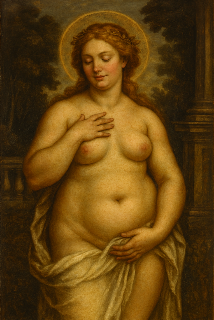 Painting of angelic haloed woman with her hand touching her heart.