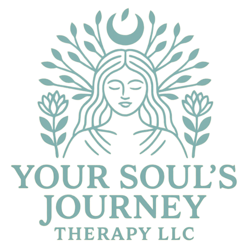 Logo design for Your Soul's Journey Therapy LLC with centered head of feminine figure, with flowers and leaves eminating out and crescent moon above the head